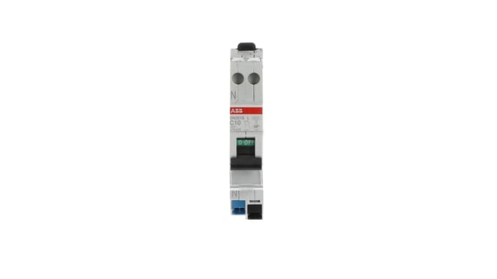 Interruttore magnetotermico ABB Tipo C, 1P+N, 10A, montaggio su guida DIN, dimensioni 69x18x85 mm, grado di protezione IP40.