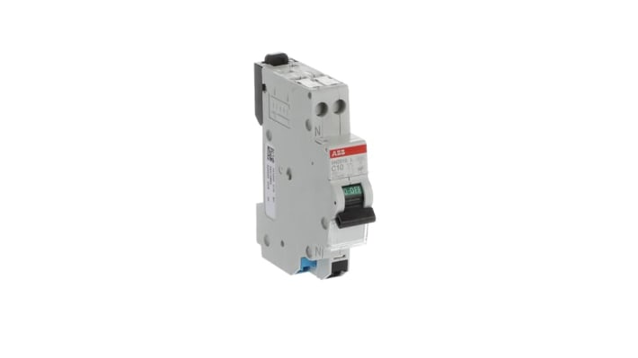 Interruttore magnetotermico ABB Tipo C, 1P+N, 10A, montaggio su guida DIN, dimensioni 69x18x85 mm, grado di protezione IP40.