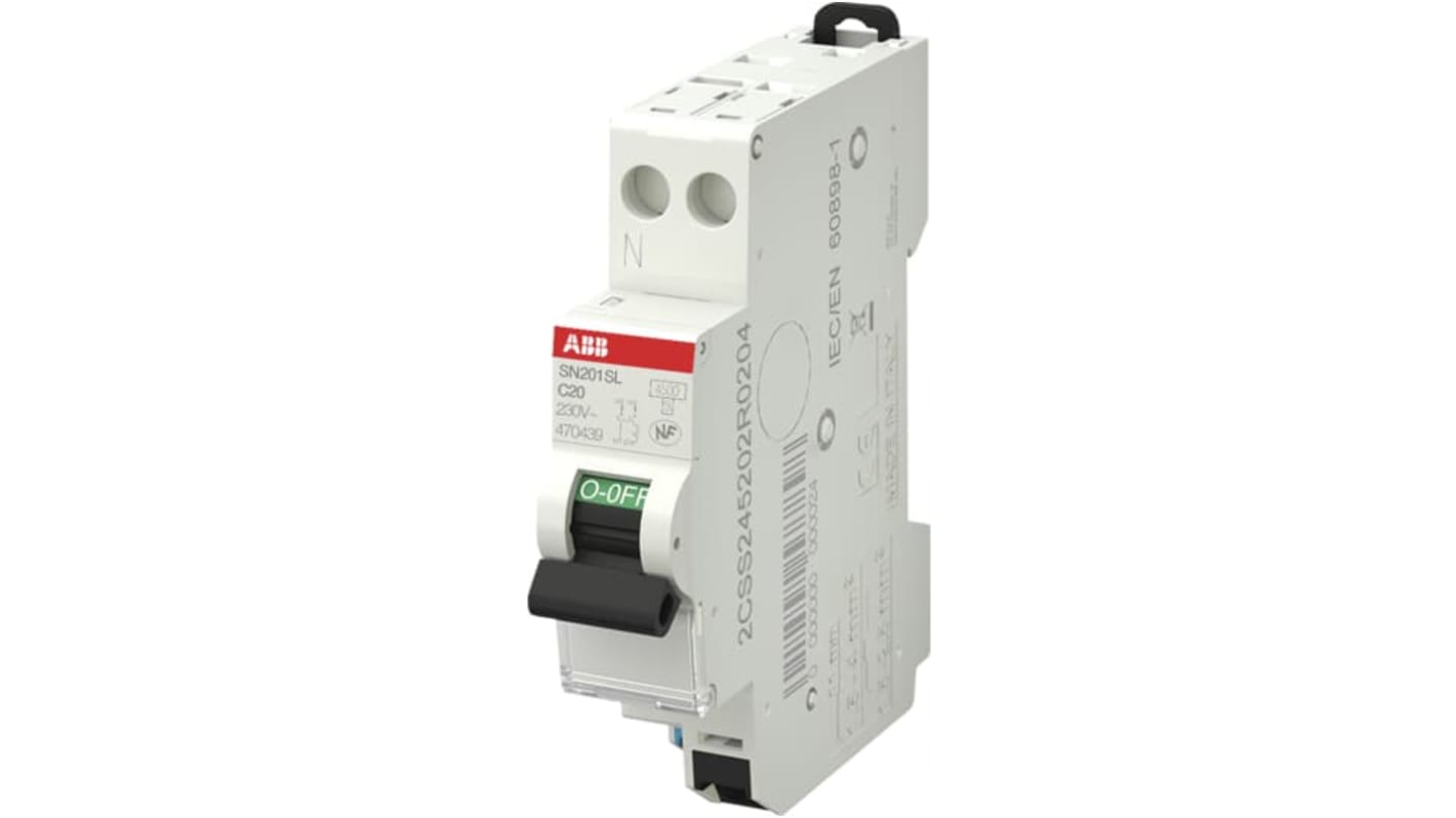 Interruttore magnetotermico ABB, Tipo C, 20A, 230V, 1P+N, montaggio su guida DIN, dimensioni 18x69x85 mm.