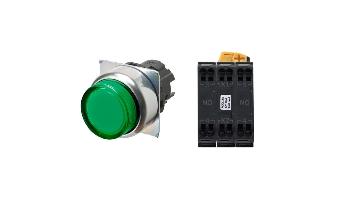Omron A22NL-RNM-TGA-P101-GC, pulsante DPST luminoso verde, montaggio a pannello, diametro 28.8 mm, IP66, terminale a vite.