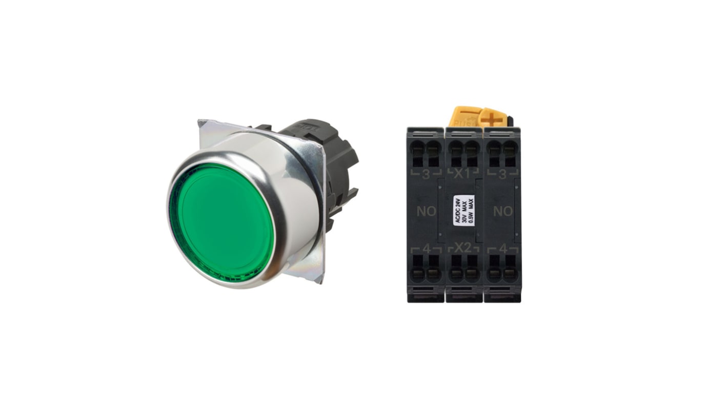 Pulsante Omron A22NN-RNA-UGA-P112-NN DPDT, montaggio a pannello, diametro 22 mm, colore verde, IP66, contatti a vite.