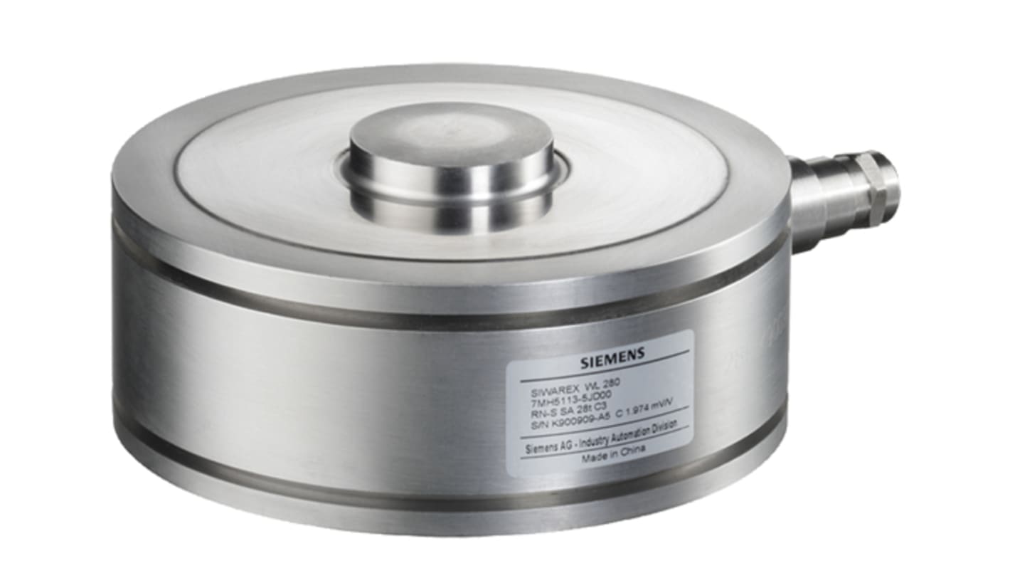 Cella di carico Siemens 7MH5113-3PD00 per compressione, carico nominale 500 kg, acciaio inox, Ø 80 mm, IP66/IP68. Installazione rapida con SIWAREX.