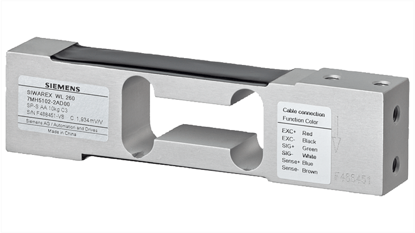Cella di carico Siemens 7MH5102-1PD00 per compressione, capacità 5 kg, dimensioni 150 x 40 x 25 mm, grado di protezione IP65.