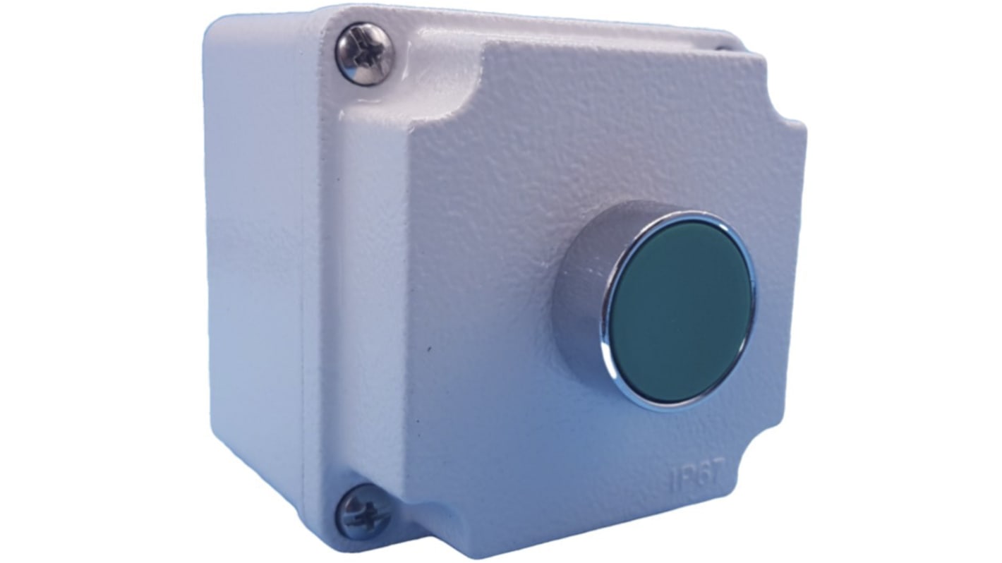 Pulsante di controllo Lovato LPZM1B801, verde, attuazione Push Push, IP66/IP67, diametro foro 22mm, dimensioni 80x73x80mm.