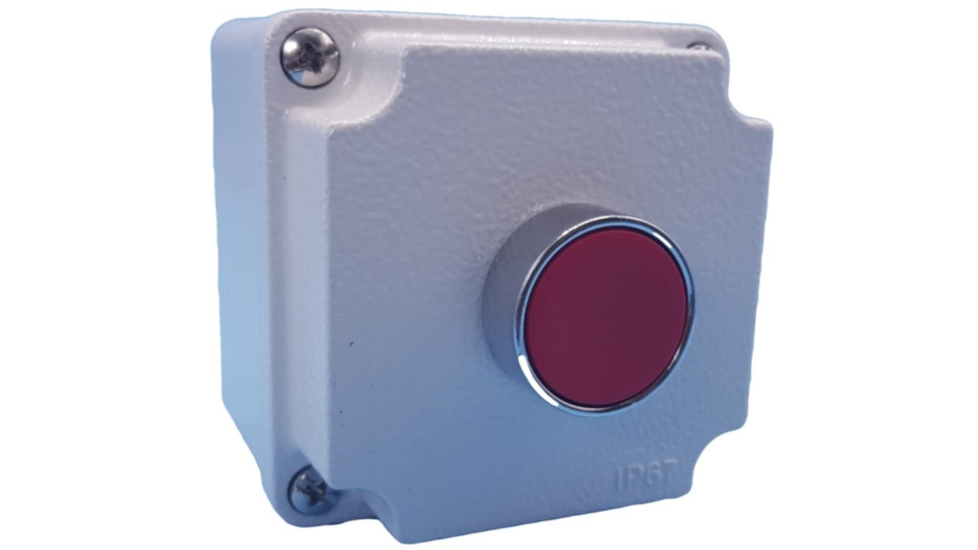 Pulsante di controllo Lovato LPZM1B802, rosso, IP66/IP67, attuazione a pulsante, diametro foro 22mm, dimensioni 80x73x80mm.