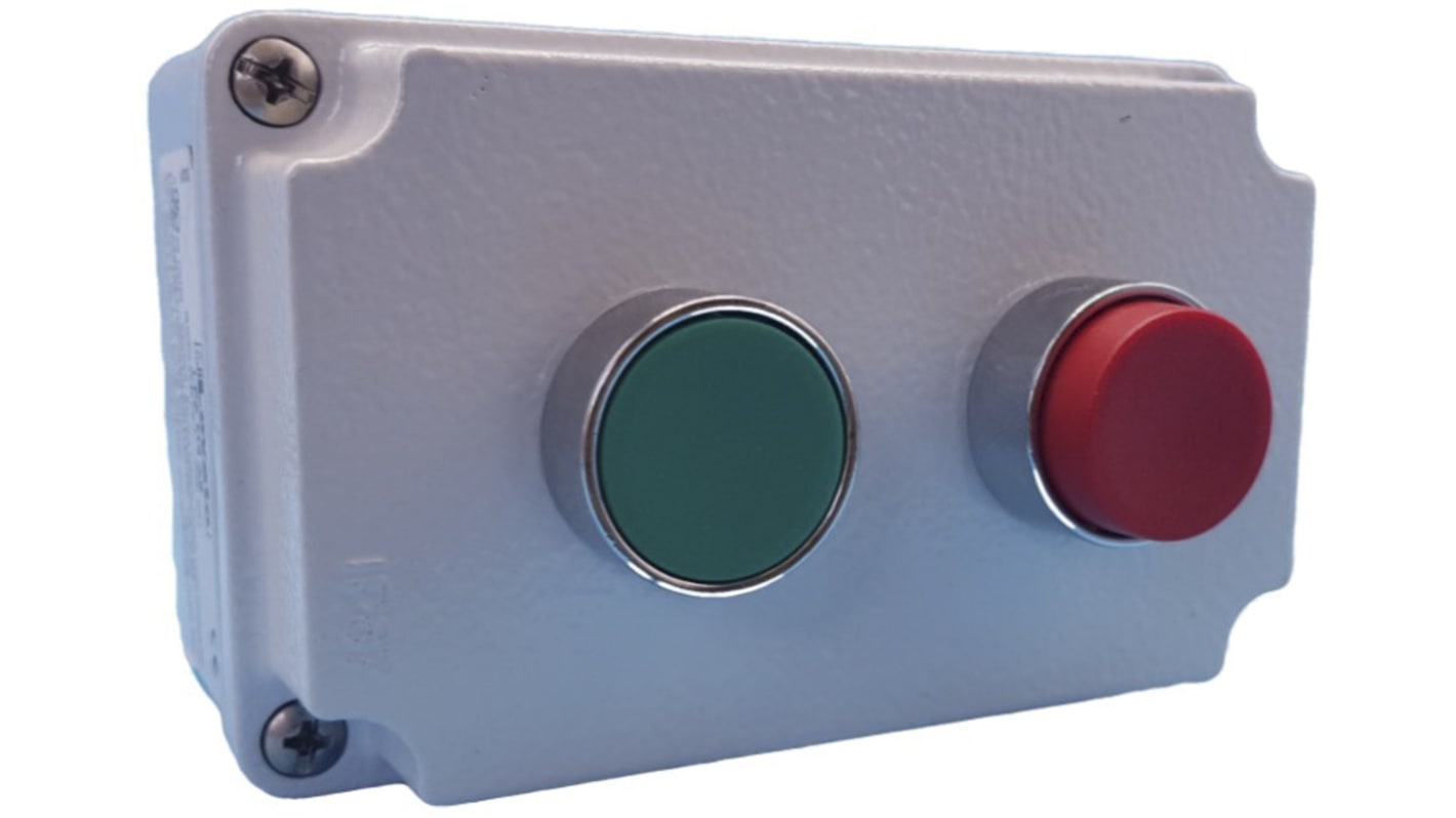 Pulsante di controllo Lovato LPZM2B801, attuazione push-push, protezione IP66/IP67, diametro foro 22 mm, colore verde e rosso.