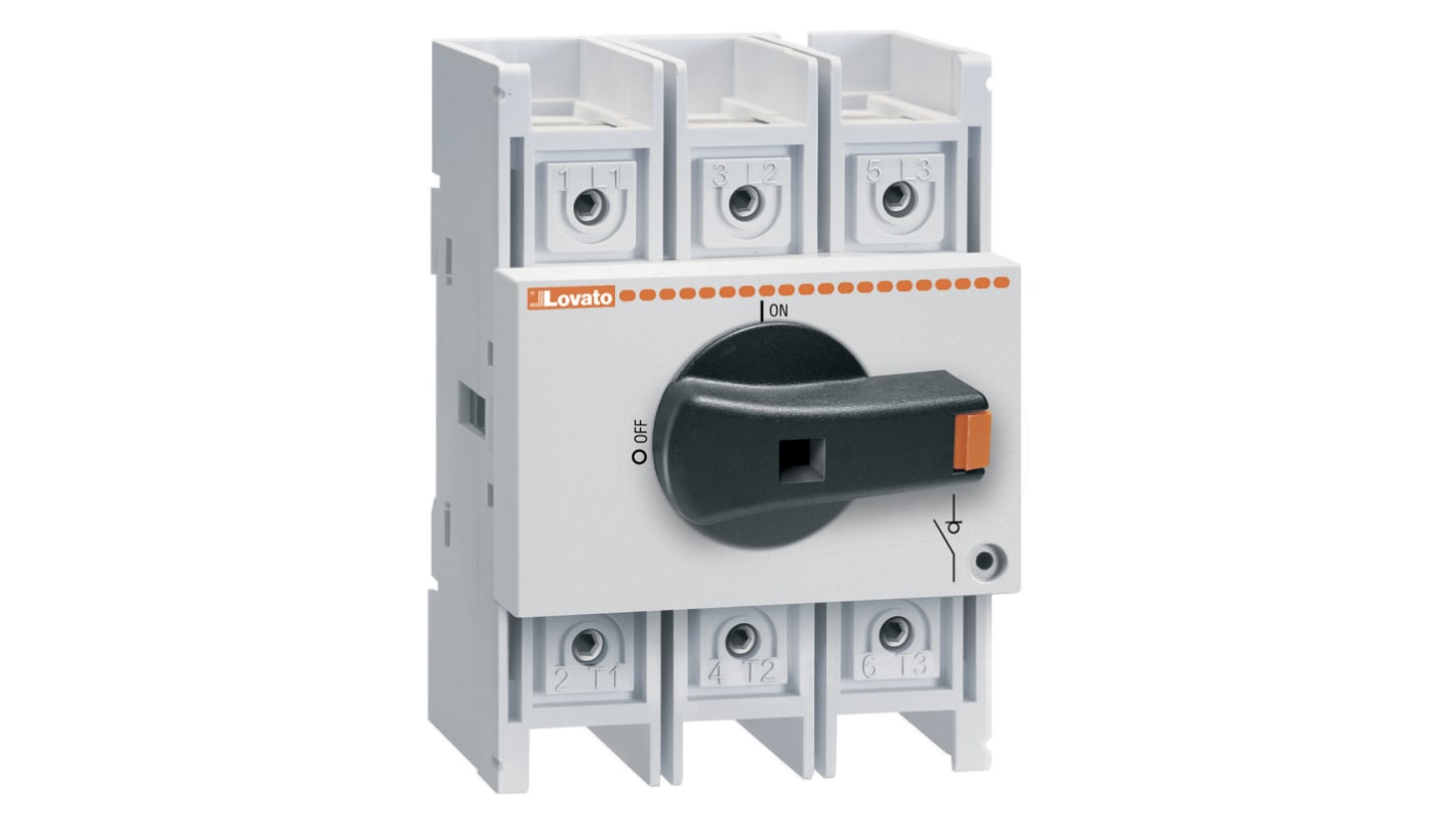 Interruttore di isolamento Lovato GA160A, 3 poli, 160A, IP20, maniglia nera, dimensioni 70x75x100mm, bloccabile.
