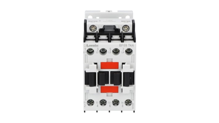 Contattore Lovato BF09T4A024, 4 poli, 25 A, 24 V c.a., montaggio su guida DIN, dimensioni 45x80.7x81 mm.