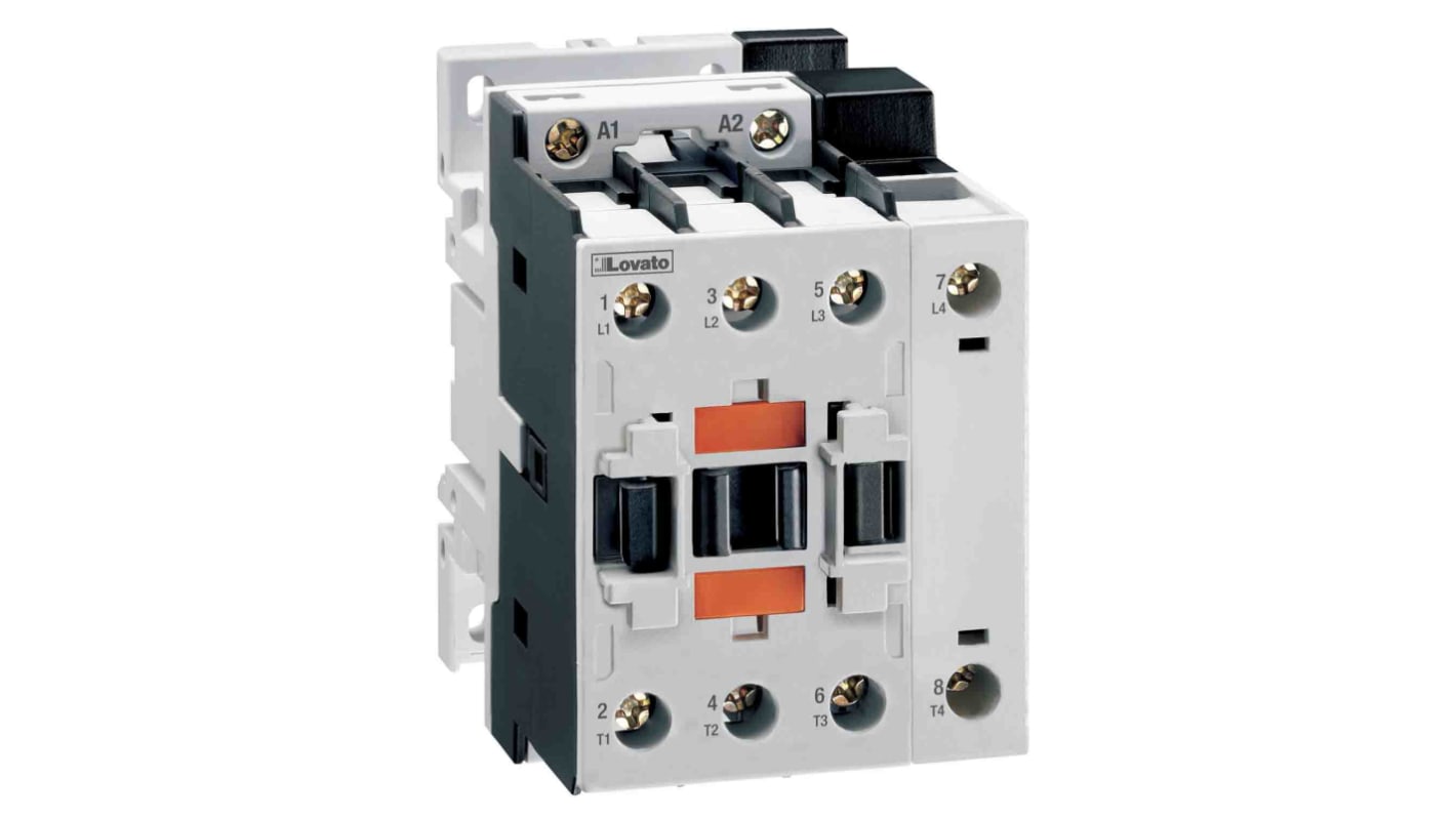 Contattore Lovato BF38T4A230, 4 poli, 56 A, 18,5 kW, montaggio su guida DIN, dimensioni 61x90x90 mm.