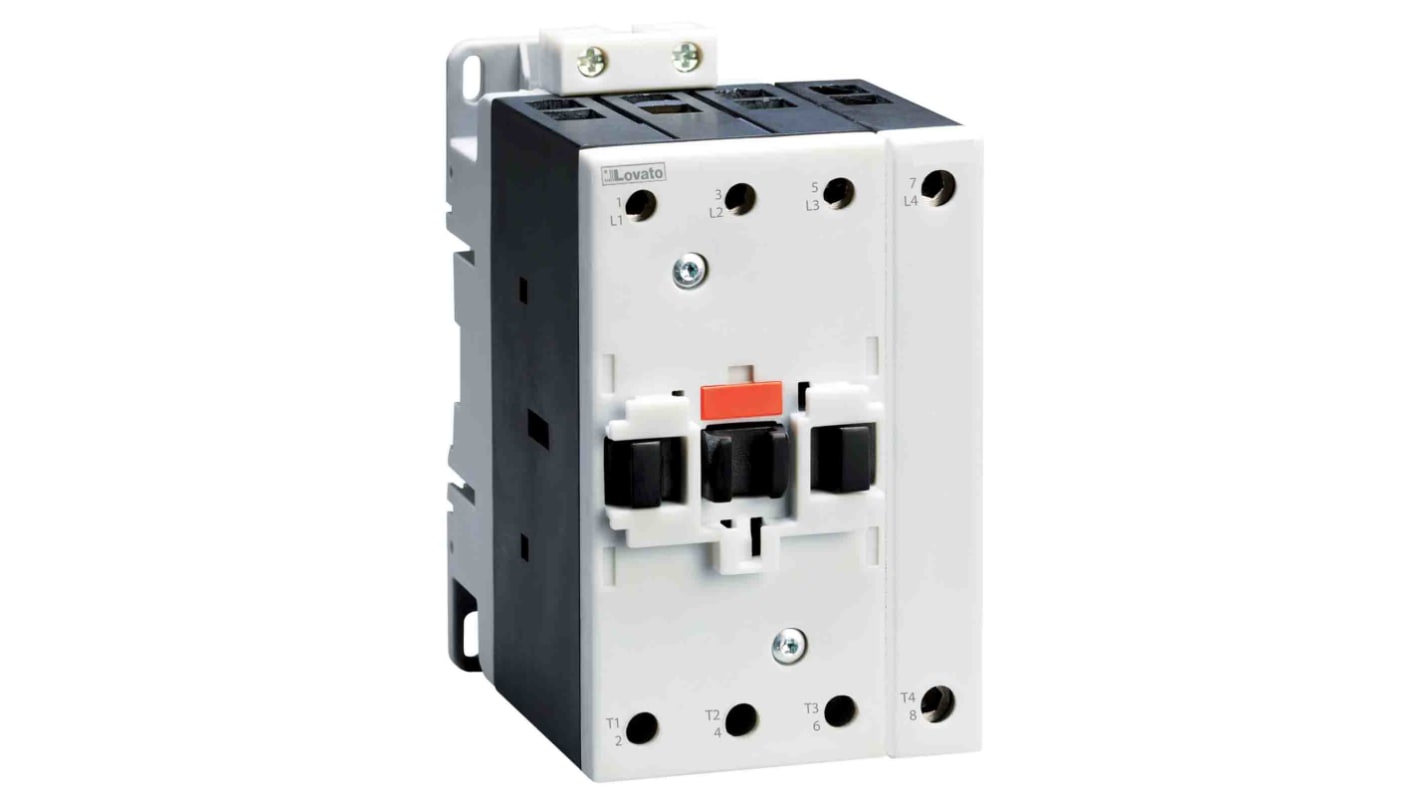 Contattore Lovato BF80T4A230, 4 poli, 115 A, 45 kW, 230 V c.a., montaggio su guida DIN, dimensioni 73x114.6x136 mm.