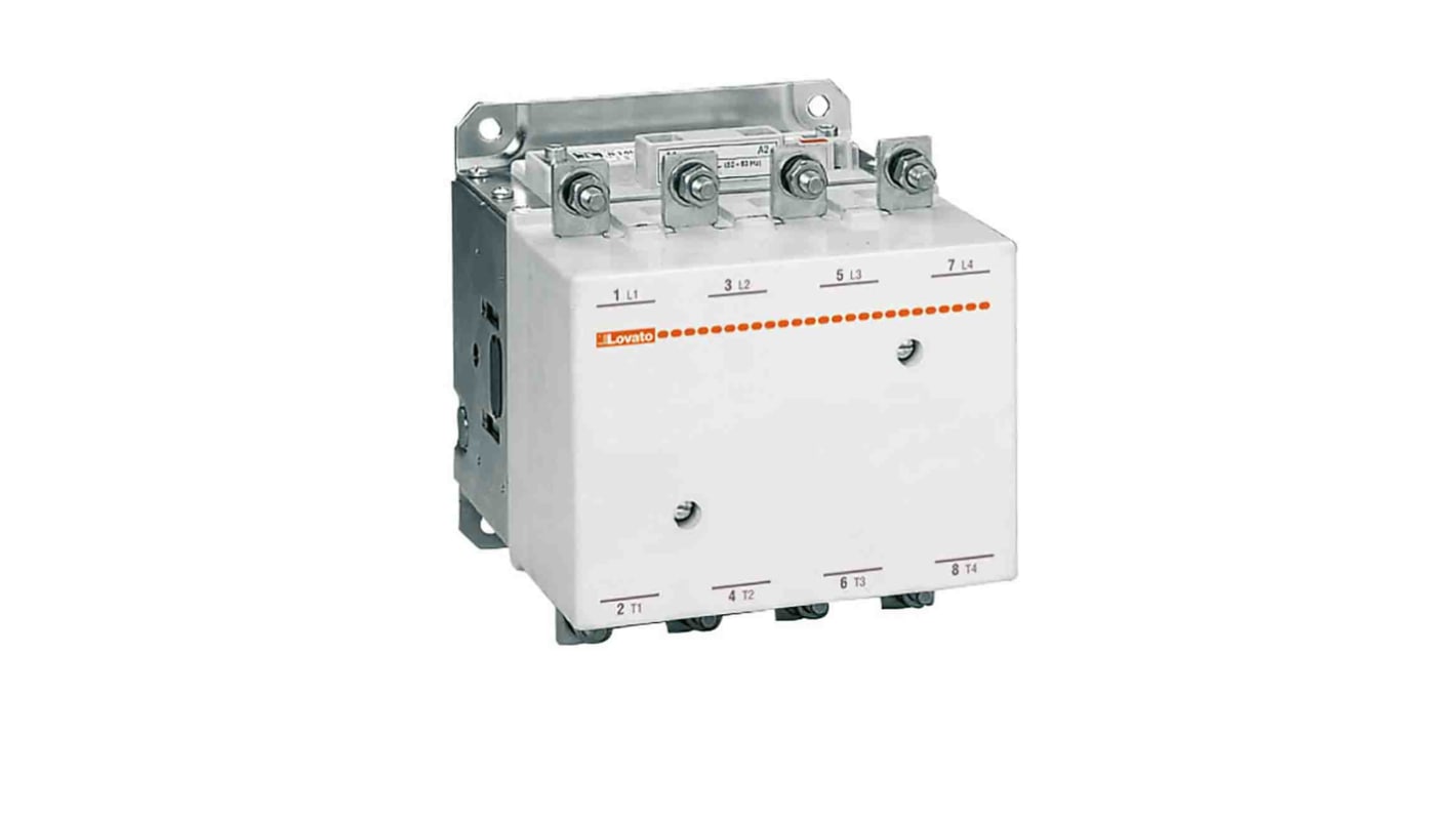 Contattore Lovato 11B180400220, 4 poli, 275 A, 160 kW, montaggio su guida DIN, dimensioni 184x160x170 mm.