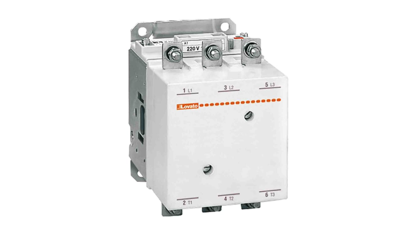 Contattore Lovato 11B2500024, 3 poli, 265 A, 140 kW, 24 V, montaggio su guida DIN, dimensioni 225x145x204 mm.