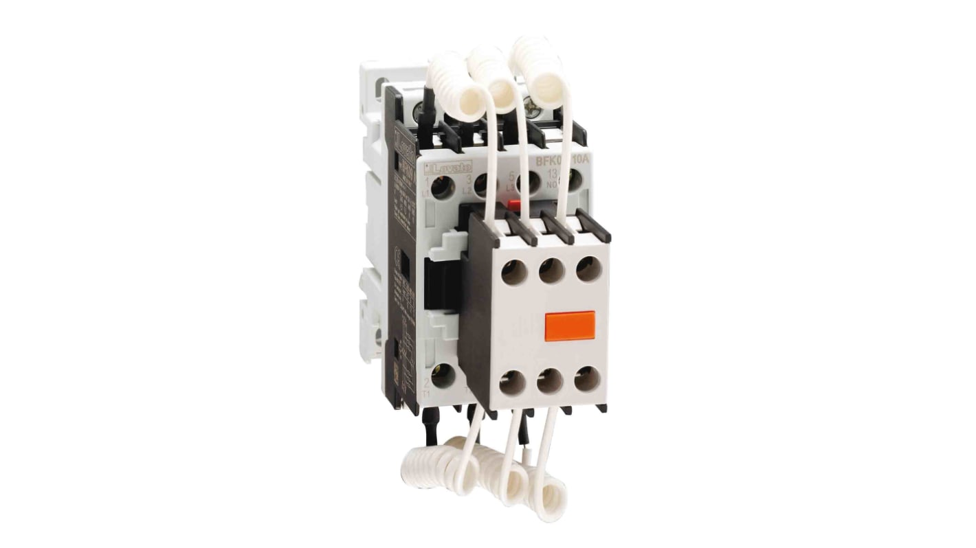 Contattore Lovato BFK1810A230, 3 poli, 23 A, 690 V c.a., montaggio su guida DIN, dimensioni 116.6 x 45 x 113 mm.