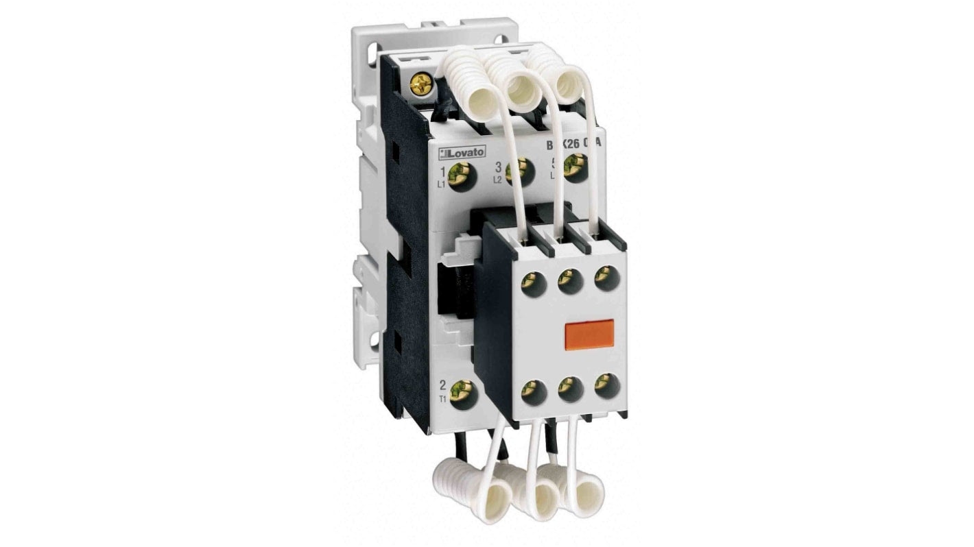 Contattore Lovato BFK3200A400, 3 poli, 36 A, montaggio su guida DIN, dimensioni 125.5 x 45 x 123 mm.
