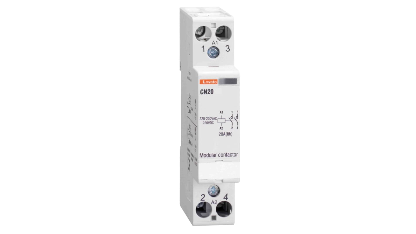 Contattore Lovato CN2011024, 1 polo, 1 NO + 1 NC, 20 A, 24 V, montaggio su guida DIN, dimensioni 60x17.5x85 mm.