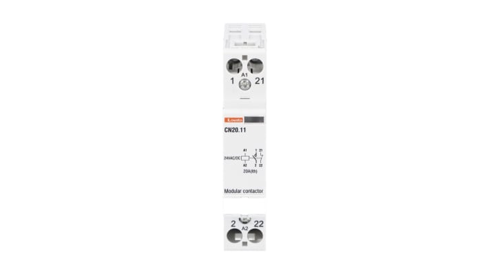 Contattore Lovato CN2011024, 1 polo, 1 NO + 1 NC, 20 A, 24 V, montaggio su guida DIN, dimensioni 60x17.5x85 mm.