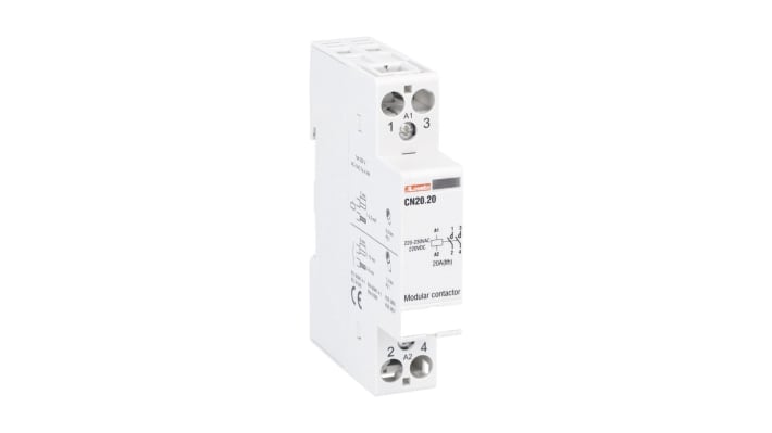 Contattore Lovato CN2020220, 2 poli, 20 A, 220-230 V c.a., montaggio su guida DIN, dimensioni 17.5 x 60 x 85 mm.