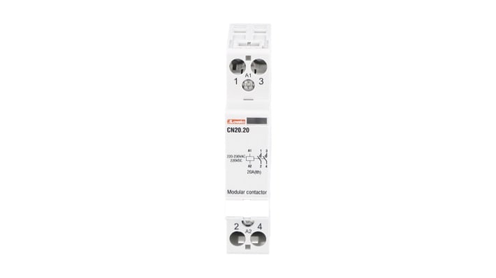 Contattore Lovato CN2020220, 2 poli, 20 A, 220-230 V c.a., montaggio su guida DIN, dimensioni 17.5 x 60 x 85 mm.