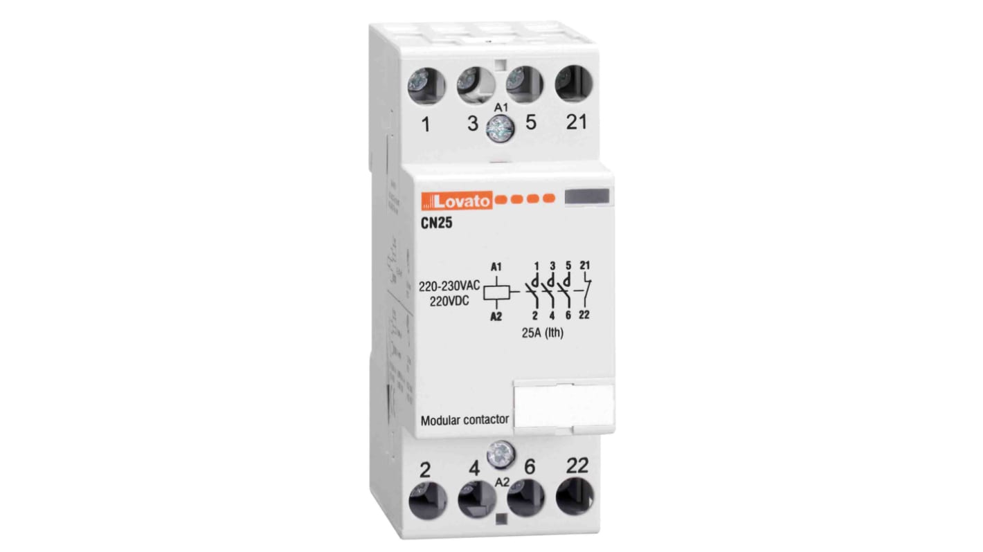 Contattore Lovato CN2510024, quadripolare 25 A, bobina 24 V, montaggio su guida DIN, dimensioni 35x65x85 mm.