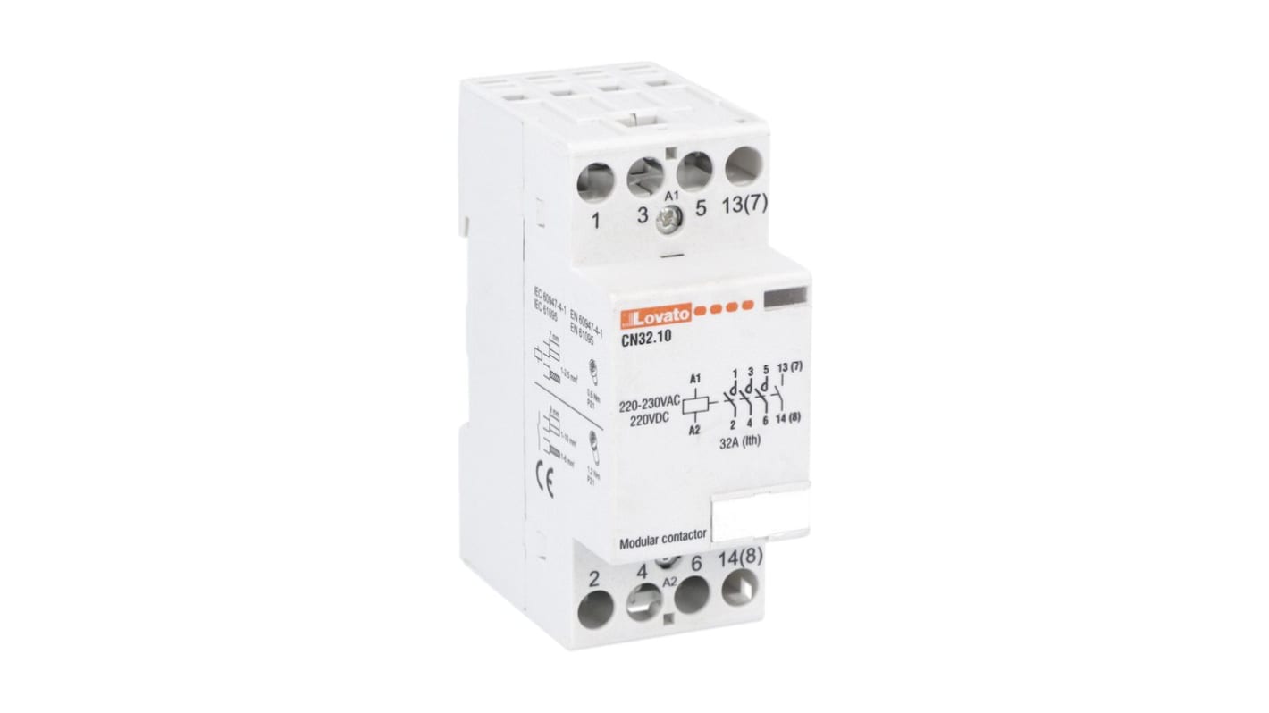 Contattore Lovato CN3210024, 4 poli, 32 A, 24 V, montaggio su guida DIN, dimensioni 65x35x85 mm, terminale a vite.