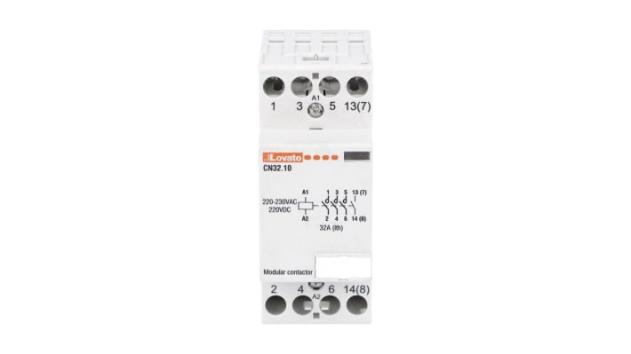 Contattore Lovato CN3210220, 4 poli, corrente 32 A, tensione bobina 220-230 V, montaggio su guida DIN, dimensioni 65x35x85 mm.