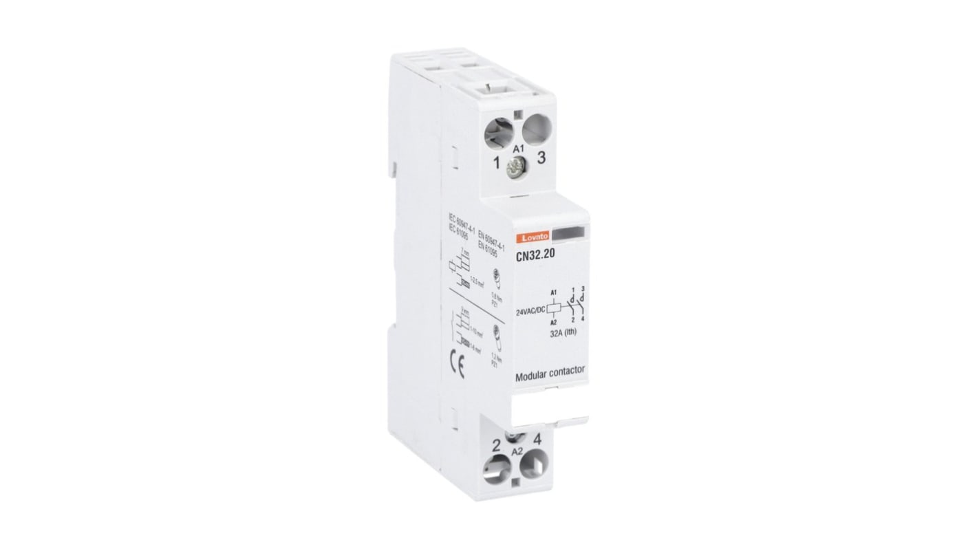 Contattore Lovato CN3220024, 2 poli, 2 NA, 32 A, bobina 24 V, montaggio su guida DIN, dimensioni 17.5 x 65 x 85 mm.