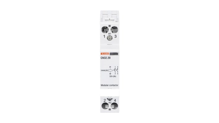 Contattore Lovato CN3220024, 2 poli, 2 NA, 32 A, bobina 24 V, montaggio su guida DIN, dimensioni 17.5 x 65 x 85 mm.