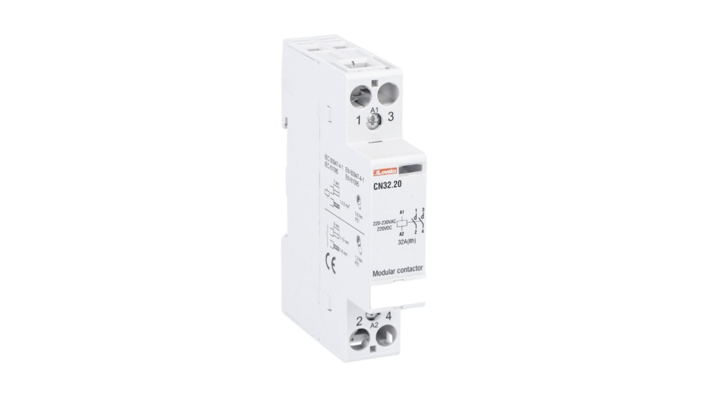 Contattore Lovato CN3220220, 2 poli 2 NA, corrente 32 A, tensione bobina 220-230 V, montaggio su guida DIN, dimensioni 65x17.5x85 mm.