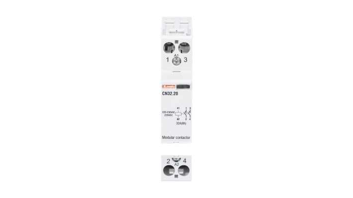 Contattore Lovato CN3220220, 2 poli 2 NA, corrente 32 A, tensione bobina 220-230 V, montaggio su guida DIN, dimensioni 65x17.5x85 mm.