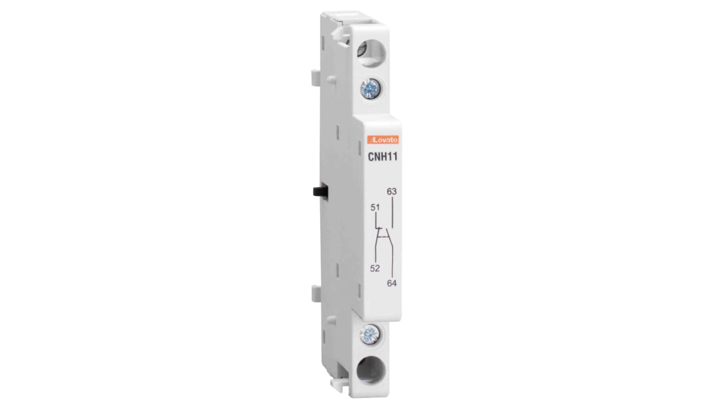 Contattore Lovato CNH11, 6 A, 440 V c.a., con modulo contatti 1no+1nc, montaggio su guida DIN, dimensioni 60x85x9 mm.