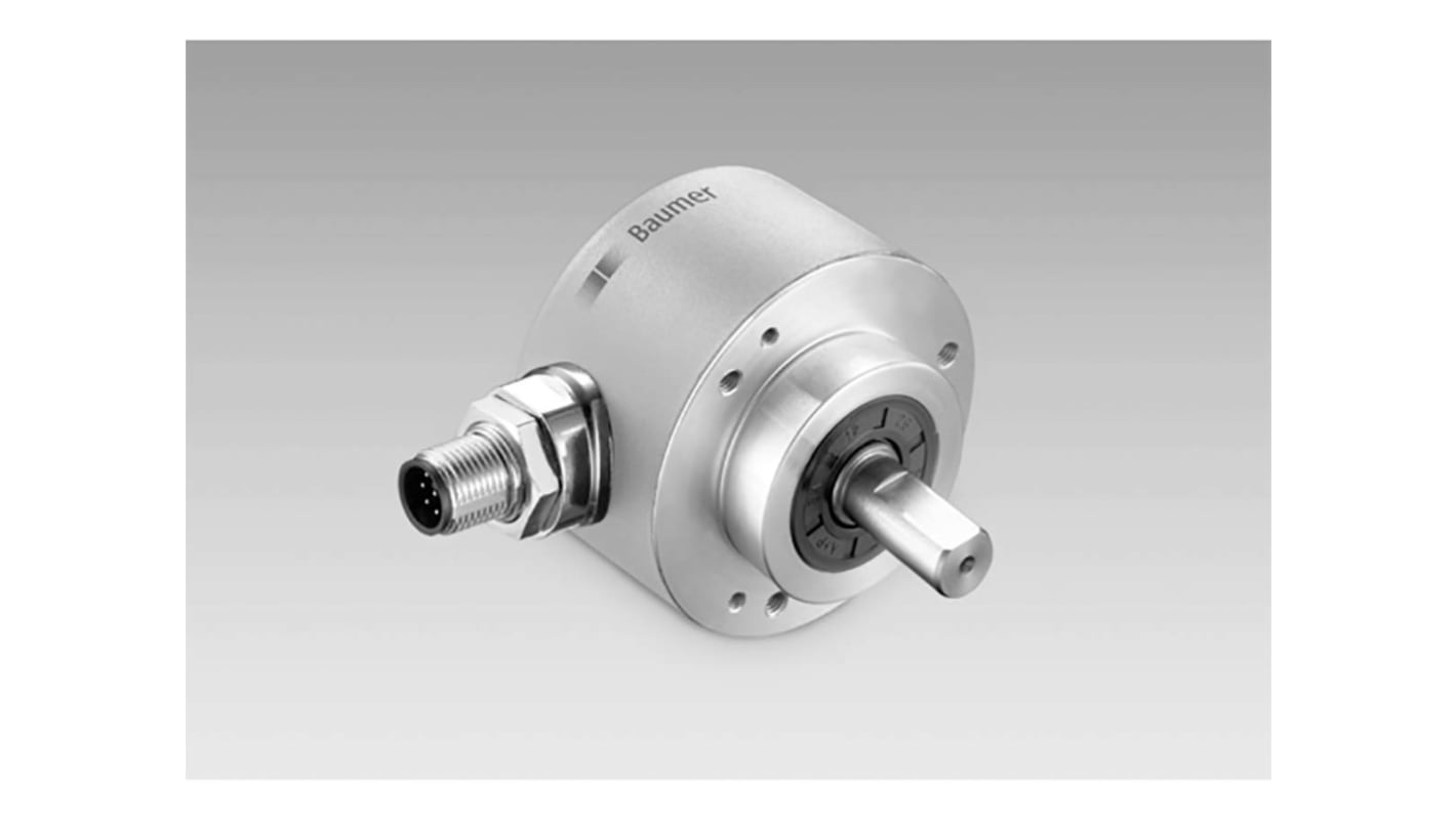 Encoder assoluto Baumer EAM580-SC0.7LC6.14180.A, 10mm, interfaccia CANopen, precisione 0.15°, montaggio a flangia, IP67.