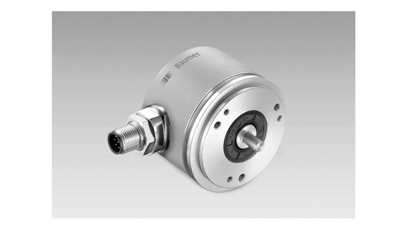 Encoder assoluto Baumer EAM580-SY6.7LC6.14180.A, 6mm, interfaccia CANopen, risoluzione 18 bit multi-turn, IP67, montaggio flangia.