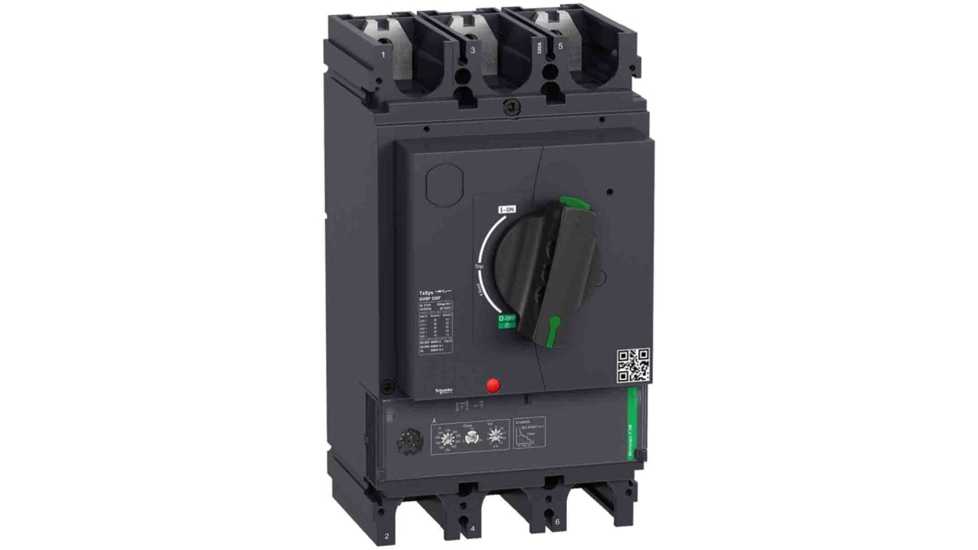 Interruttore magnetotermico Schneider Electric 3P 320A, protezione da sovraccarico e cortocircuito, montaggio su guida DIN, dimensioni 179x140x255 mm.