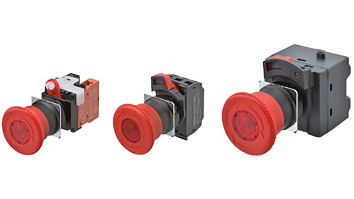 Pulsante di arresto di emergenza Omron A22NE-M-PD12-N, montaggio a pannello, diametro 22mm, protezione IP65, colore rosso.