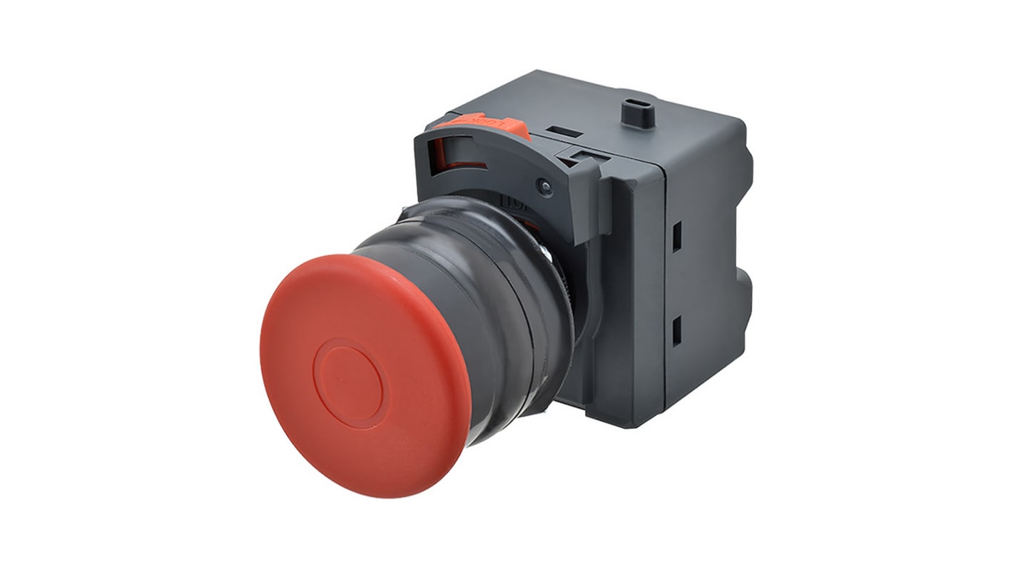 Pulsante di arresto di emergenza Omron A22NE-MP-PD12-N-69K, rotondo, montaggio a pannello, IP69K, 22mm, 250V, 5A.