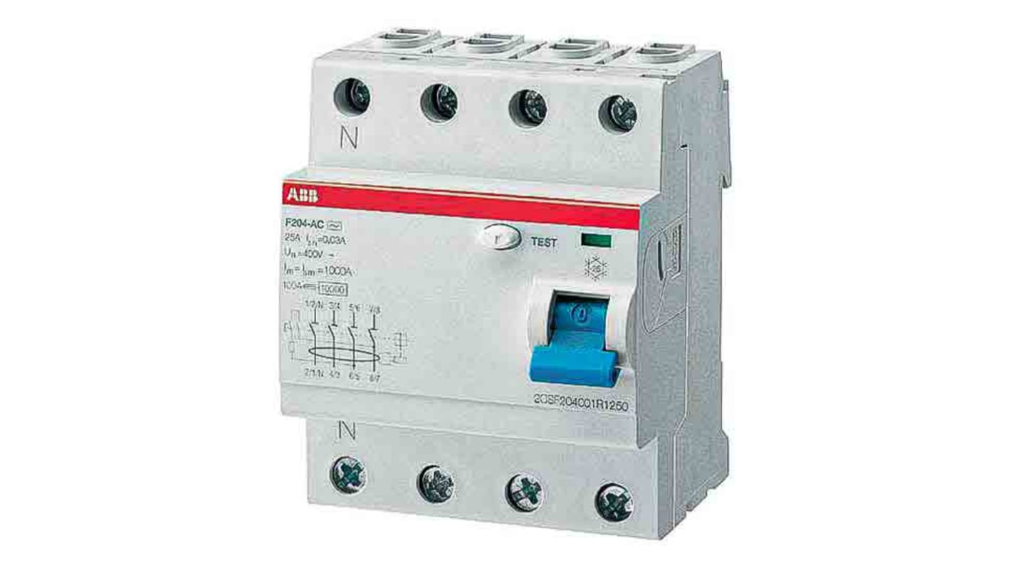 Interruttore differenziale 4 poli ABB, 40A, 230/400V, montaggio su guida DIN, dimensioni 80x70x60mm.
