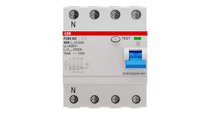 Interruttore differenziale 4 poli ABB, 40A, 230/400V, montaggio su guida DIN, dimensioni 80x70x60mm.