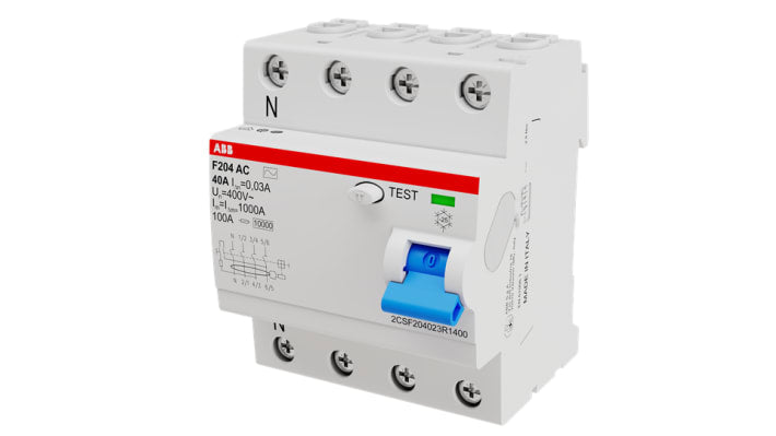 Interruttore differenziale 4 poli ABB, 40A, 230/400V, montaggio su guida DIN, dimensioni 80x70x60mm.