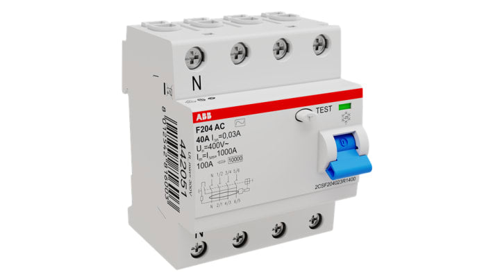 Interruttore differenziale 4 poli ABB, 40A, 230/400V, montaggio su guida DIN, dimensioni 80x70x60mm.