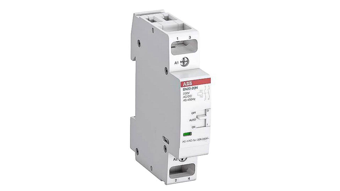 Contattore ABB 1SBE122111R0620, 2 poli, 20 A, 230 V, dimensioni 65x18x85 mm, per controllo carico in applicazioni industriali.