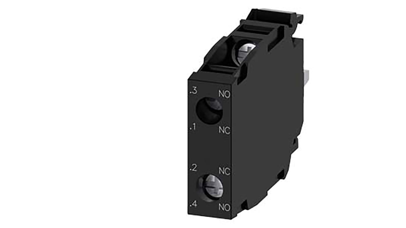 Siemens blocco contatti SPDT, 1 NA e 1 NC, tensione 5-500 V, corrente 10 A, montaggio su piastra frontale. Codice 3SU1400-1AA10-1QA0.