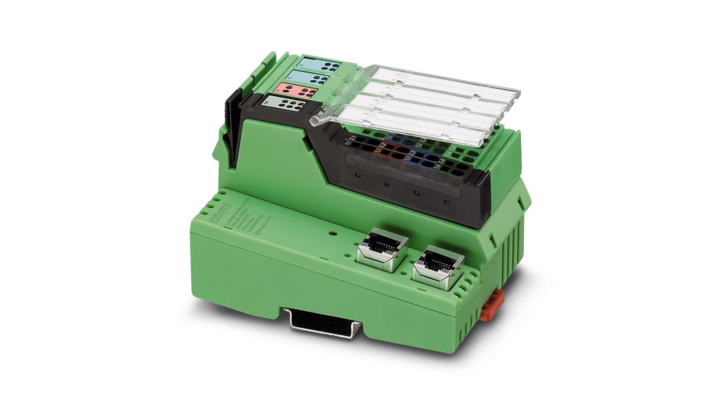 Modulo I/O Phoenix Contact 2703994, accoppiatore PROFINET, 8 ingressi e 4 uscite, montaggio su guida DIN, dimensioni 80 x 71,5 x 119,8 mm.