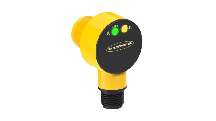 Sensore fotoelettrico cilindrico Banner T18-2VPLP-Q8 a retroriflessione, portata 6 m, montaggio a flangia, grado di protezione IP67.