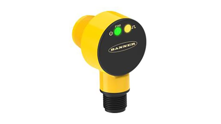 Sensore fotoelettrico cilindrico Banner T18-2VPFF75-Q8, rilevamento 75 mm, uscita PNP, grado di protezione IP67-69K.
