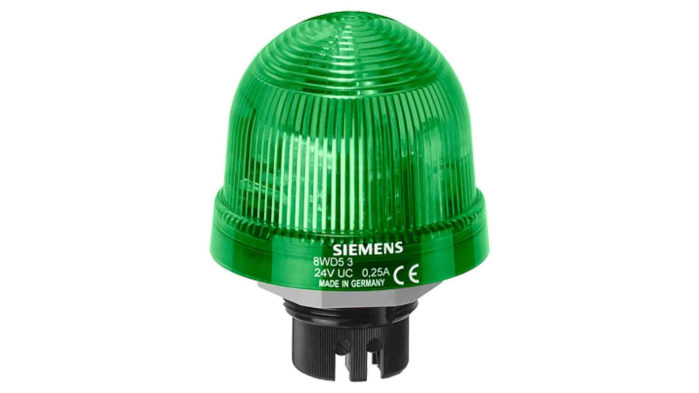 Segnalatore fisso LED verde Siemens 8WD5300-1AC, montaggio a baionetta, diametro 70 mm, IP65, alimentazione 12-230 V.