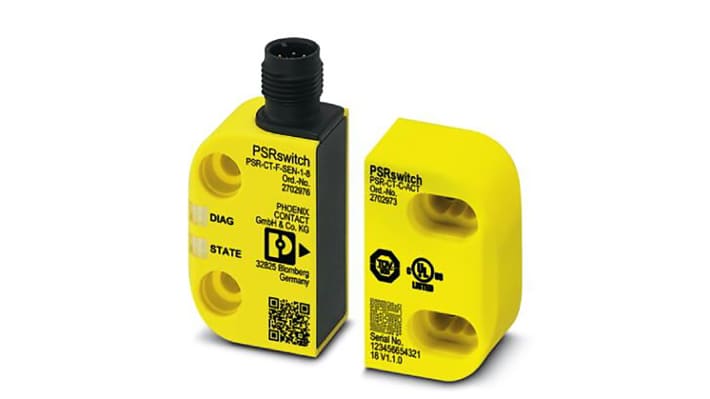 Interruttore di sicurezza senza contatto Phoenix Contact PSR-CT-C-SEN, alimentazione 24 V CC, protezione IP65/IP67/IP69K, dimensioni 26.5 x 40 x 18 mm.