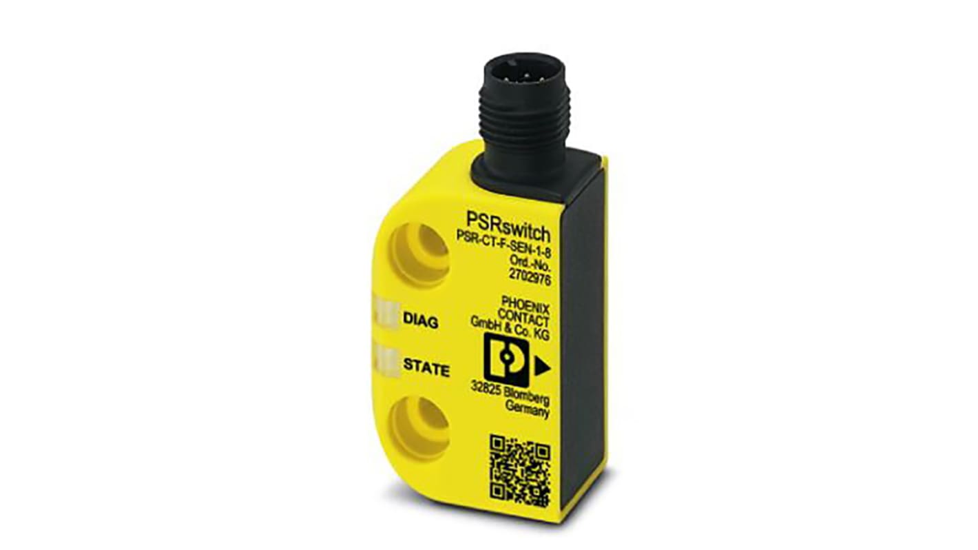 Interruttore di sicurezza senza contatto Phoenix Contact, sensore RFID, alimentazione 24 V cc, protezione IP67, dimensioni 26.5 x 18 x 40 mm.