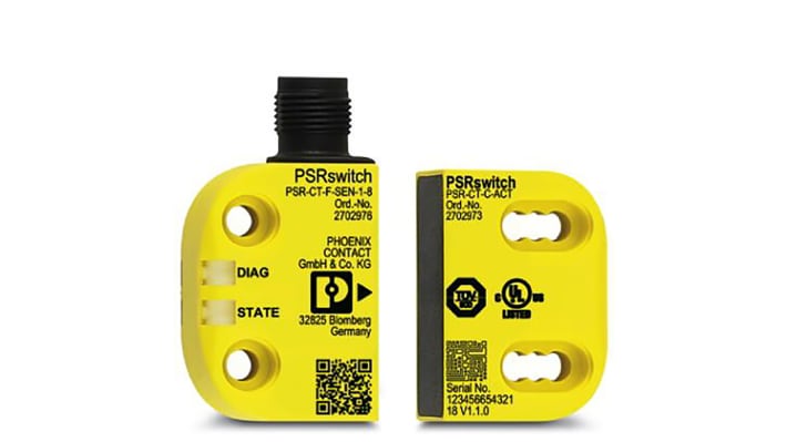 Interruttore di sicurezza senza contatto Phoenix Contact, sensore RFID, alimentazione 24 V cc, protezione IP67, dimensioni 26.5 x 18 x 40 mm.