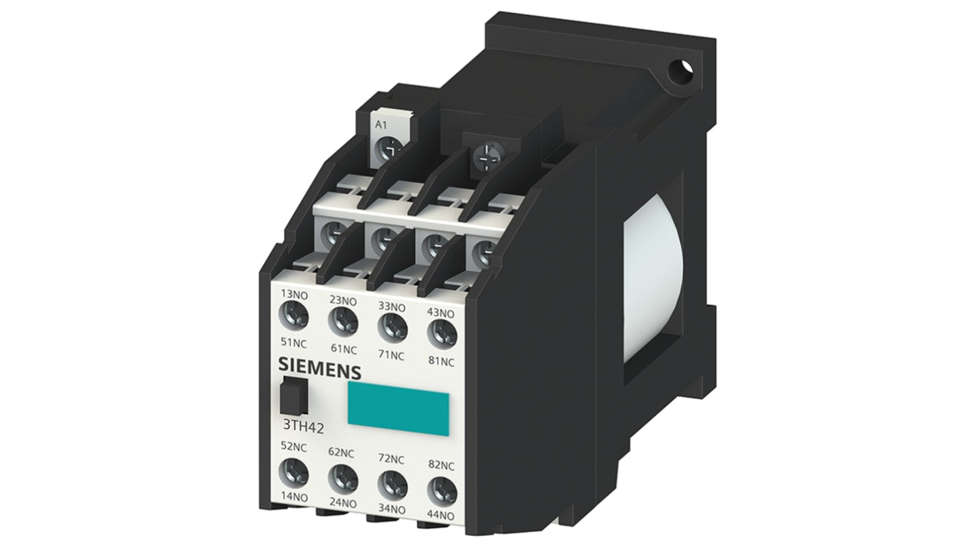 Contattore Siemens 3TH4271-0BB4, 10 A, bobina 24 V c.c., 7 contatti NO e 1 NC, montaggio su guida DIN, dimensioni 45x135x78 mm.