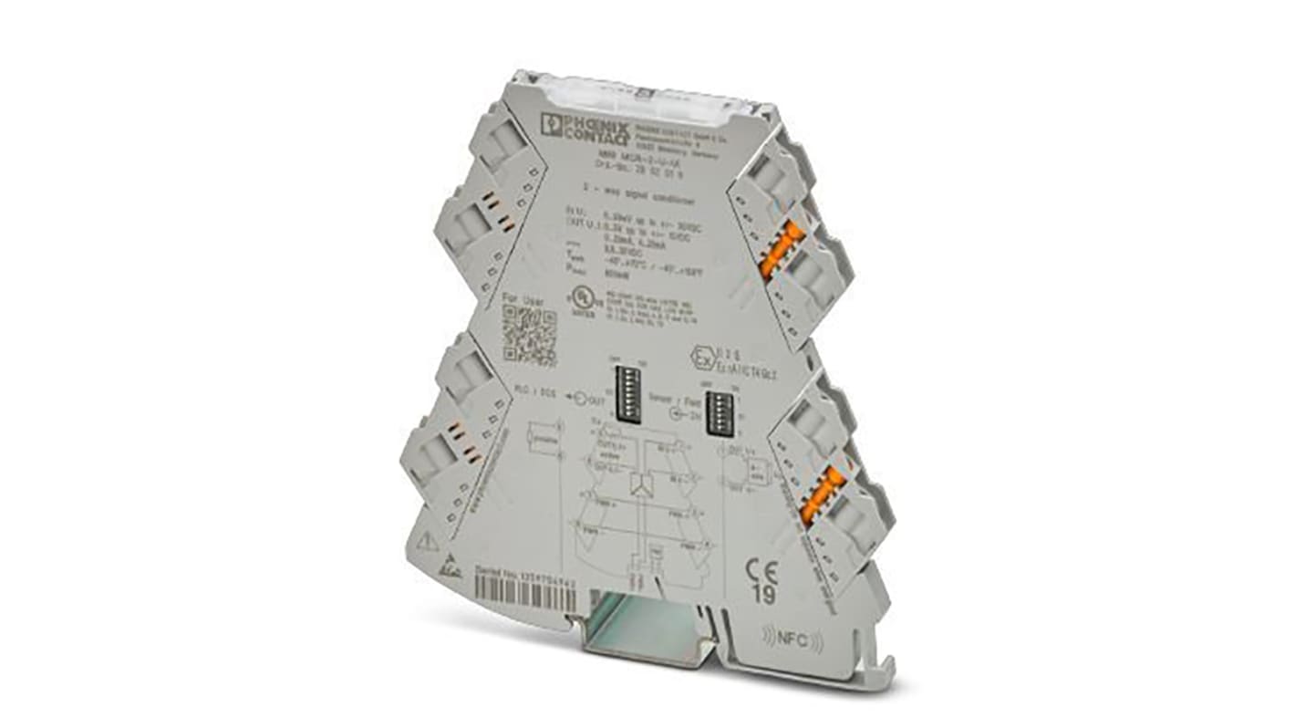 Phoenix Contact, condizionatore di segnale MACX MCR ATEX, 3 vie, alimentazione 24 V cc, montaggio su guida DIN, dimensioni 6,2 x 110,5 x 120,5 mm.